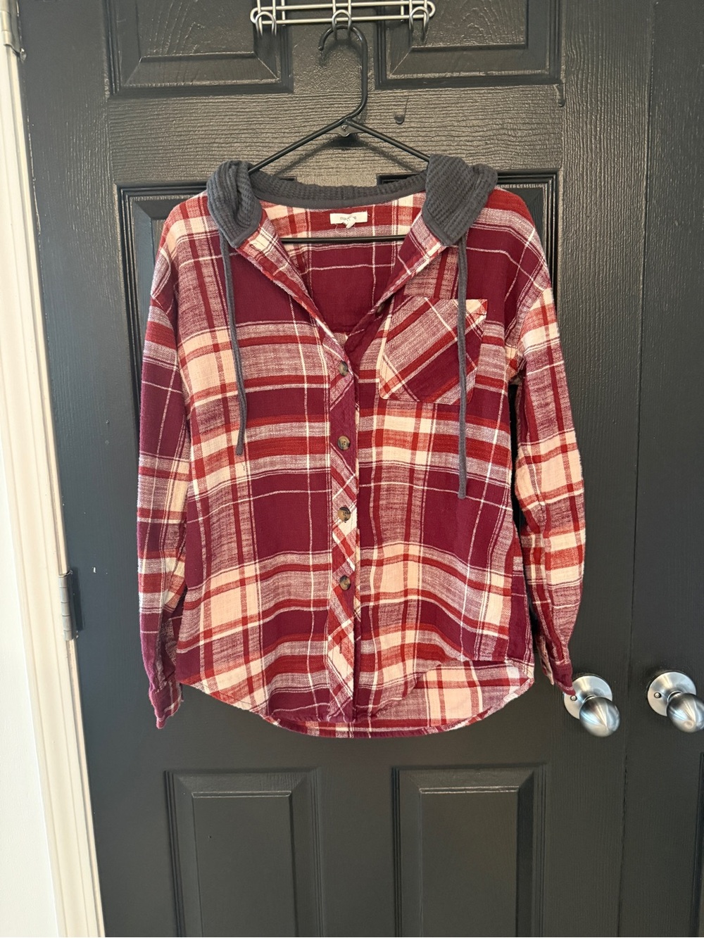 Red Plaid Hooded Button-Up Shirt - Casual Layering Top